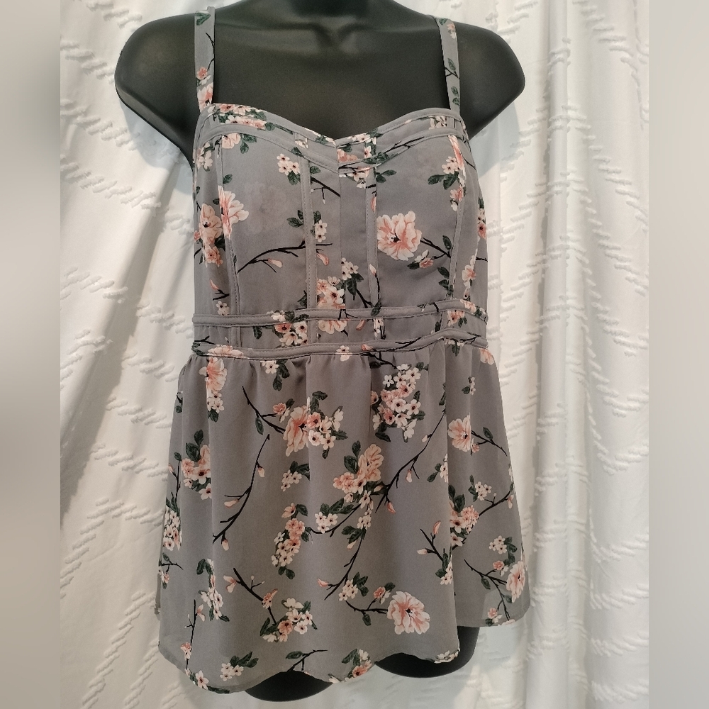 Torrid Floral Bralette Front Babydoll Cami Top Smocked Grey Pink Tank Flowy EUC